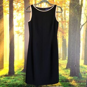 Ann Taylor Little Black Dress Size 2 w/ Beige Trim Plain Smooth High Crew Neck
